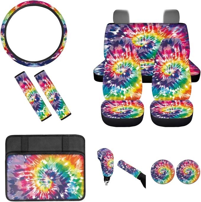 BIGCARJOB Tie Dye Print Car Accessories Full Set 12 Pcs Car Seat Covers Set for Front Back,Steering Wheel Covers,Armrest Pads,Coaster