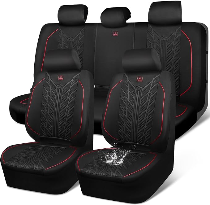 CAR PASS Waterproof Car Seat Covers Full Set,Neoprene Car Seat Covers 5 Seats,3D Tyre Embossed Wetsuit Seat Covers All-Weather Non-Slip Durable Universal Fit Trucks,SUV,Airbag Compatible,Black Red