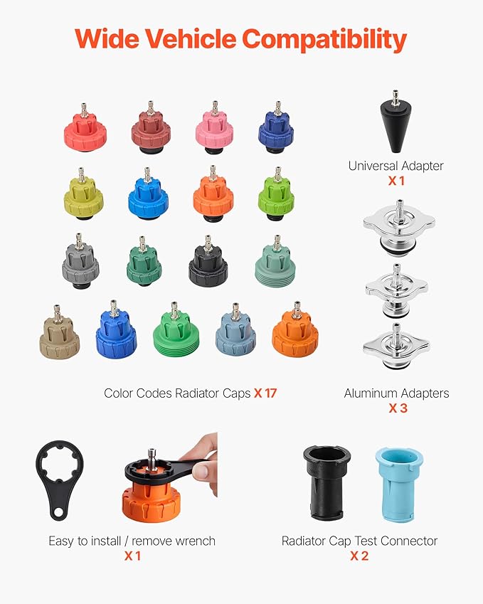 VEVOR Coolant Pressure Tester Kit, 47Pcs Radiator Vacuum Refill Kit with 3 Metal Adapters, Universal Fit, Automotive Cooling System Pressure Tester Tool, with Pressures Pump & Aluminum-Plastic Filler