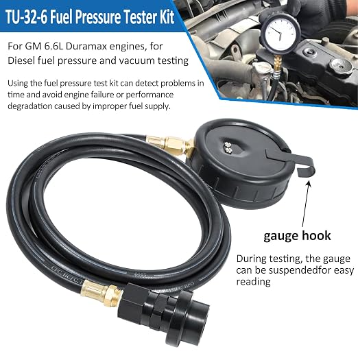 TU-32-6 Diesel Fuel Pressure Tester Kit with Test Gauge and 6Ft Hose Fit for GM 6.6L Duramax Engines