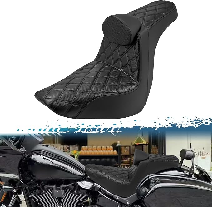 One-Piece Driver Passenger Seat Motorcycle 2-Up Seat with Driver Backrest Cushion Pad Fit for Harley Sport Glide FLSB Low Rider FXLR FXLRS FXLRST 2018-later (Black Stitching)