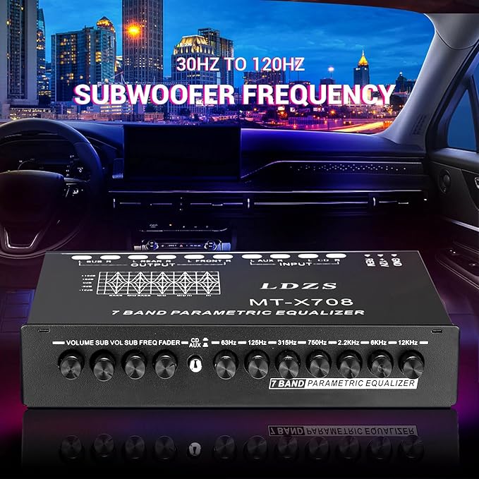 Facmogu 7-Band Car Audio Equalizer, Adjustable 7 Bands EQ Car Amplifier Graphic Equalizer with CD/AUX Input Select Switch, Front/Rear + Sub Output, for Boat RV RTV Motorcycle Car Stereo Tone Control