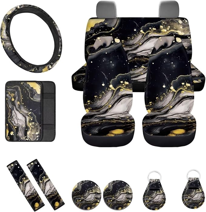 Black Marble Auto Seat Covers 12pcs Full Set Car Accessory Universal Fit Car Seatbelt Pads Steering Wheel Cover Armrest Cushion Keychain Marble Coaster for Car Durable Auto Interior Protector