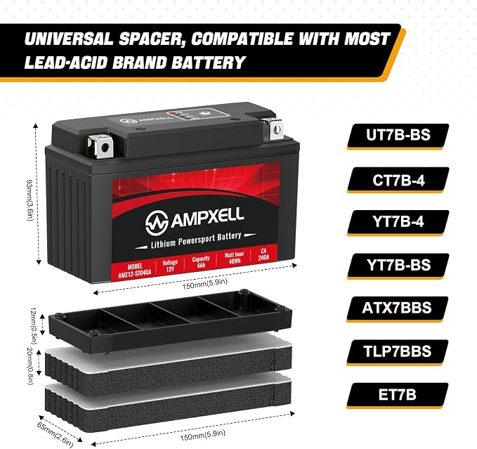 YT7B-BS 240 CCA Lithium Motorcycle Battery 12V 4Ah Replacement YT7B-BS, UT7B-BS Powersport Battery, Motorcycle, ATV, UTV, Scooter, 4 Wheeler and Generator etc,Polarity [+ - ]