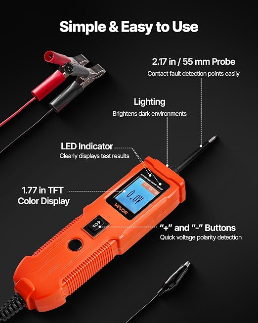 VEVOR Automotive Circuit Tester, 8-35 DCV Power Circuit Probe Tester with TFT Color Display and Lighting, Automotive Power Tester Probe with 13 ft / 4 m Cable, ABS Shell Electrical Detector Finder