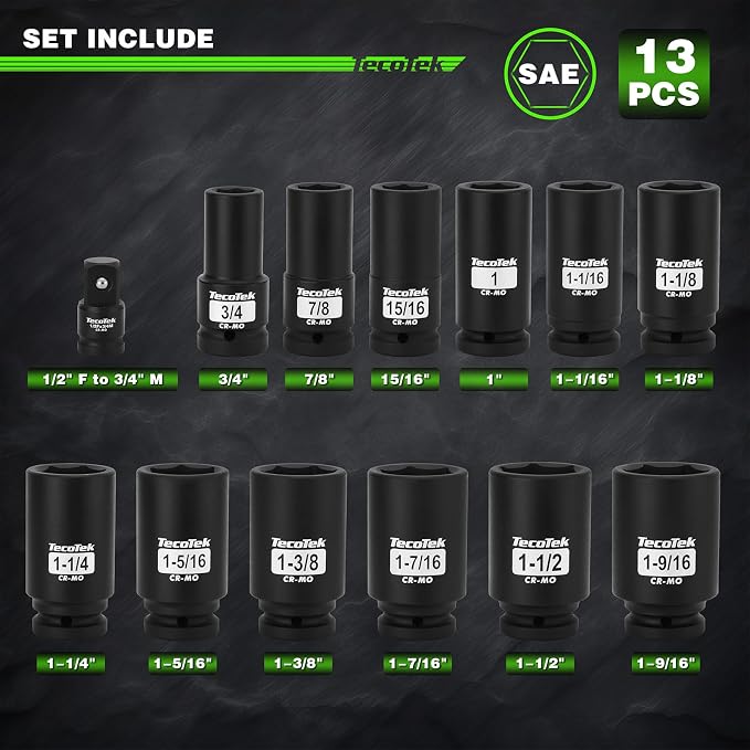 TecoTek 3/4" Drive Deep 6-Point Impact Socket Set, 13-Piece Jumbo Assortment, Cr-Mo, SAE (3/4" to 1-9/16"), 1/2" F to 3/4" M Impact Socket Adapter, for Large Vehicle and Apparatus Maintenance