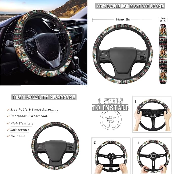 Southwestern Horse Car Seat Covers + Steering Wheel Cover, Keychain Armrest Pads, Universal Fit Automotive Interior Sets