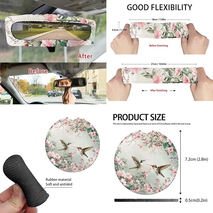 Spring Floral Hummingbird 15 PCS Car Seat Cover Set with Auto Steering Wheel Cover Seat Belt Strap Protector Cup Holder Trash Bag Rear View Mirror Protector Keychain