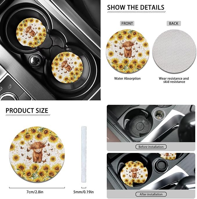 Wanyint Car Seat Cover Set 12 PCS, with Steering Wheel Cover Seat Belt Armrest Handbrake Gear Shift Knob Cover Set Coasters Auto Accessories, Cute Highland Cow Sunflower