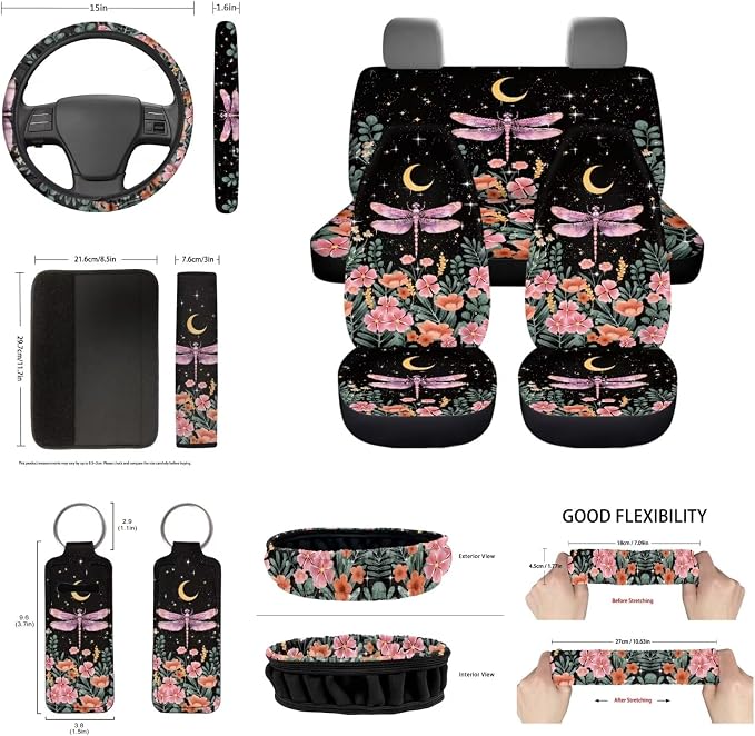 Cottagecore Dragonfly Car Seat Cover Set for Women Lady,Moon Flower Dragonfly Auto Steering Wheel Cover+Coasters+Keychains+Mirror Cover+Hand Break Gear Shift Knob Covers,14pcs Car Accessory