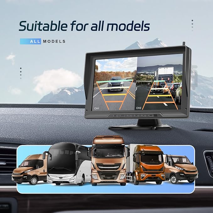 10.1 Inch Wireless Backup Camera for Truck with 2 Rear View Camera System for Cars, 4 Channels Split Screen, BSD Alert, Night Vision, IP68K Waterproof, for Truck, Pickup, Trailer, Cars Parking Safety