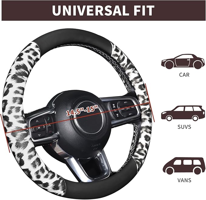 White Leopard Steering Wheel Cover, Universal 14.5-15 inch Breathable Microfiber Leather Anti-Slip Car Steering Wheel Protector for Women Men,Fit for Most Car, Trucks, SUV