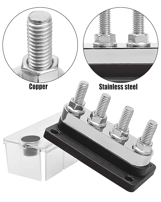 GMURA Heavy Duty Bus Bar 12-48V 600A Max, 4 M10 Studs (3/8") High Current Copper Busbar Terminal Block with Waterproof Cover, Marine Bus Bar Terminal Block Power Distribution Block, Black