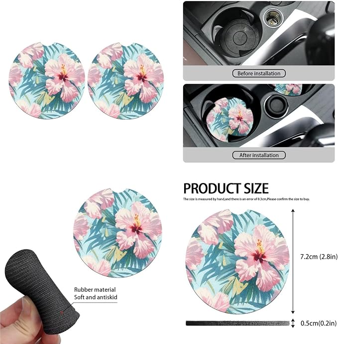 Tropital 13 Pcs Car Seat Covers, Pink Watercolor Hibiscus Universal Driver Seat Cover Protector Armrest Pad, Palm Leaf Steering Wheel Armrest Cover Seatbelt Cup Mats
