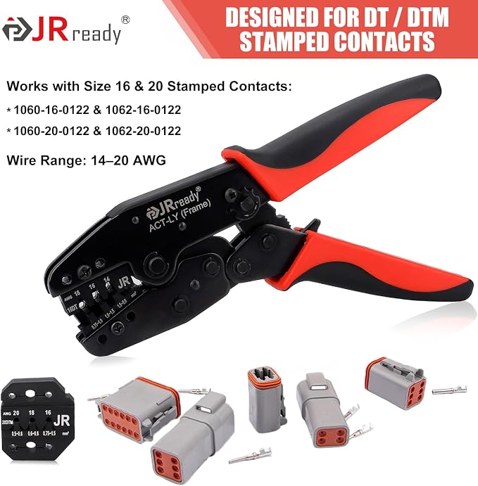 JRready ST2190 Deutsch Crimp Tool Kit, Open Barrel Crimper for Size 16 & 20 Stamped Contacts, 14-20 AWG, Work with DT DTM Series Connectors, with Pin Removal Tools for Terminal Repair & Installation
