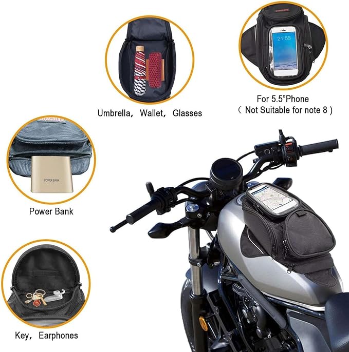 Motorcycle Tank Bag - Water Resistant Motorbike Bag | Magnetic & Strap Mount | 6.7 Inch Capacity | Black Oxford Cloth | 12.6x7.09x5.12 Inches | Powersports Tank Bag
