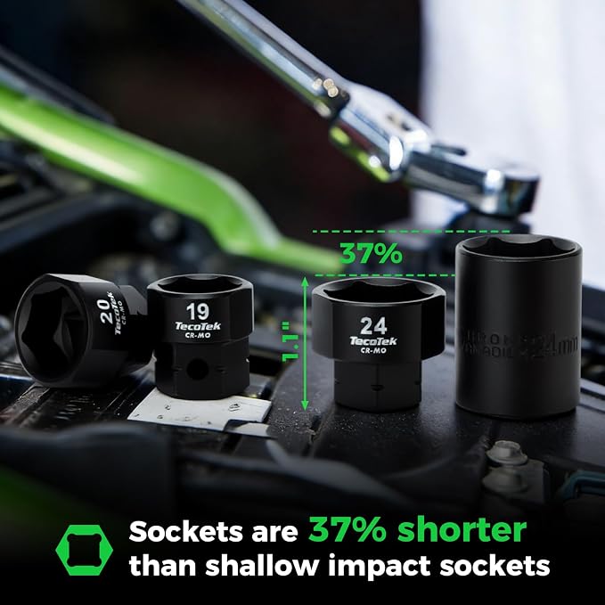 TecoTek 14-Piece 1/2-Inch Drive Metric Low Profile Impact Socket Set, Stubby Socket Set, 17mm - 30mm, No Skips Sizes, 6 Point, Cr-Mo, Shorter Socket for Tight Areas