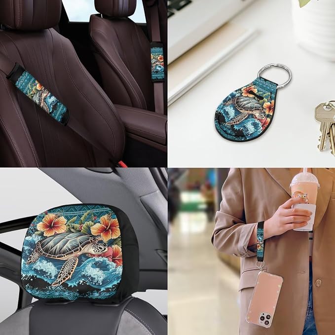 Navajo Sea Turtle Car Seat Covers Full Sets 18 Pieces Sea Turtle Car Interior Accessories Sets with Car Seat Belt Pads Cover Car Headrest Covers Steering Wheel Cover Vehicle Trash Bag