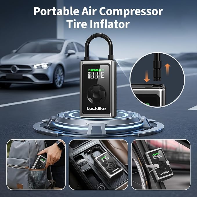 Lucklike Tire Inflator Portable Air Compressor, 150 PSI Cordless Bike Pump, 5X Faster Air Pump for Auto, Motorcycle, Bicycle, Balls, with Pressure Gauge, LED Light & Car Accessories, Standard Capacity