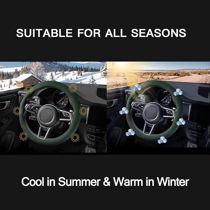 Suede Steering Wheel Cover with Upgraded Silicone Inner Ring, Breathable, Anti-Slip, Leather Universal 14.5 to 15 Inch Steering Wheel Cover (Green with Embossing Pattern)
