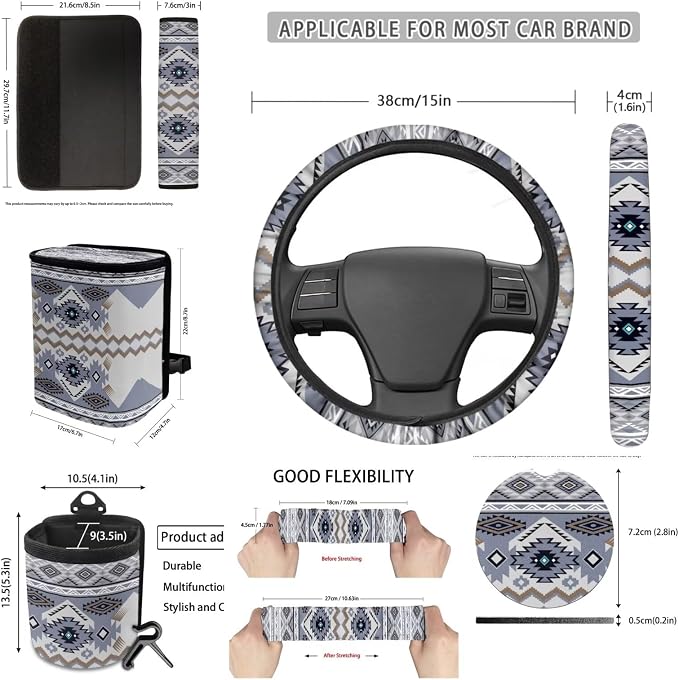 Dreaweet Tribal Navajo Car Seat Covers Full Set Grey Native American Steering Wheel Cover Seat Belt Pads Trash Bag Air Vent Storage Pouch Rea rview Mirror Cover Coaster Keychain,15 Pcs,Universal Fit