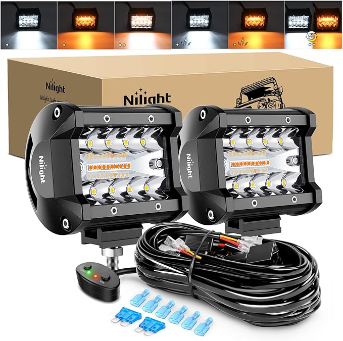 Nilight 2PCS 4Inch 60W LED Pods Spot Flood Amber White Light Bar Strobe 6 Modes Memory Function Off-Road Truck Car ATV SUV Cabin Boat with 16AWG Wiring Harness Kit-2 Lead, 2 Years Warranty
