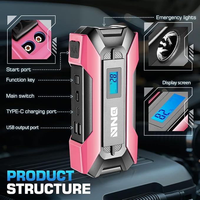 DNA Motoring TOOLS-00267 12V 1500A 15000 mAh Multi-Function Portable Car Battery Jump Starter for Up to 7.0L Gas & 5.5L Diesel Engine, with Carry Case, Pink