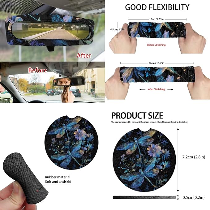 Blue Dragonfly Car Seat Covers Full Set 15 Pcs Universal Car Accessories Steering Wheel Cover Seat Belt Pads Garbage Bag Rearview Mirror Cover Coasters Keychain