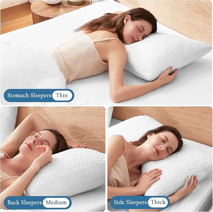 Cooling Contour Pillow for Side and Back Hot Sleepers Curved Memory Foam Pillow for Neck and Shoulder Pain Relief - Adjustable Shredded Memory Foam with Washable Cover, White Standard Size