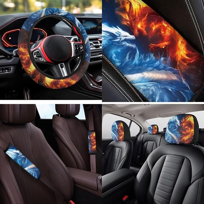 Bulopur Fire Ice Dragon Car Seat Covers Front and Rear with Steering Wheel Cover Elastic Center Console Cushion Anti-Slip Seat Belt Pads 14 Piece Vehicle Interior Decor Set
