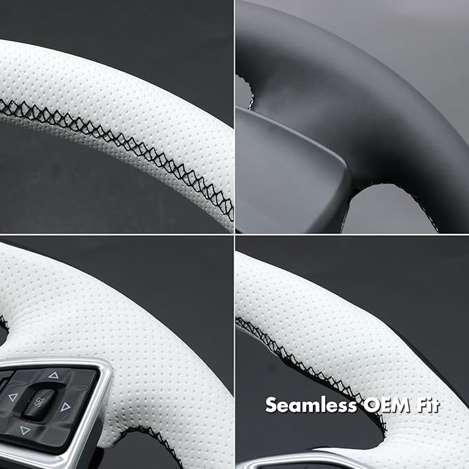 MEWANT Hand Stitch Steering Wheel Cover for Chevy Camaro 2016-2025 Custom Black White Microfiber Leather Interior DIY Wrap Restoration Kit Anti-Slip Breathable Protector