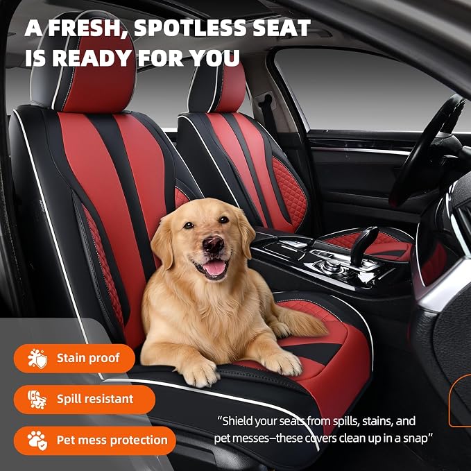 2-Seater Car Seat Covers Full Set, Fit for Front Seats of Cars, Waterproof and Breathable Nappa Leather, Compatible with Airbags, Car Seat Protector Covers for Most Cars - Black Red