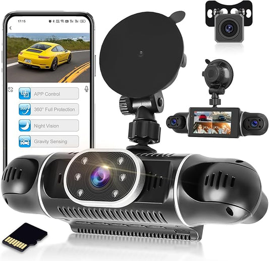 NHOPEEW 4 Channel 360 Dash Cam, 3 inch IPS Screen 1080P Front and Rear Inside, 720P Left Right Dash Camera for Cars with WiFi&App Control, Night Vision, Loop Recording + 64G TF Card