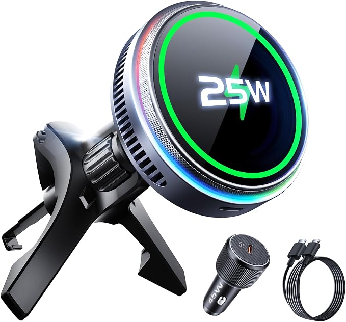 Qi2.2 25W Wireless Car Charger Magnetic Phone Holder Mount for Magsafe with Cooler for Air Vent, Wireless Fast Charger 25W for iPhone 16-17 Series with iOS 26,15W for iPhone 12-15 (Grey)