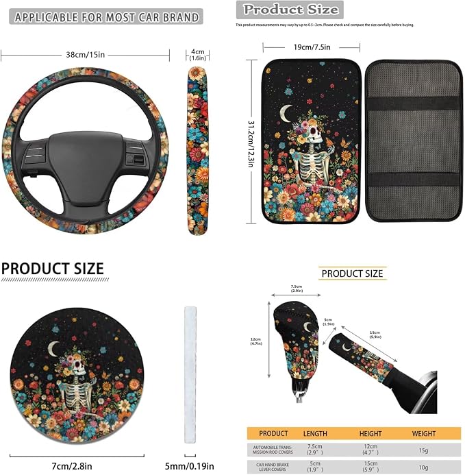 Lotusorchid Skeleton Floral Print Seat Covers for Cars Full Set, Decorative Auto Seat Covers Seatbelt Cover and Armrest Cover for Car, Removable Automobile Interior Sets