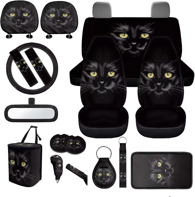 18 Pcs Black Cat Car Seat Covers Full Set Animal Cat Car Interior Accessories Full Set for Women Men Universal Car Seat Belt Pads Cover Car Trash Can Car Headrest Covers Cup Holder Coasters