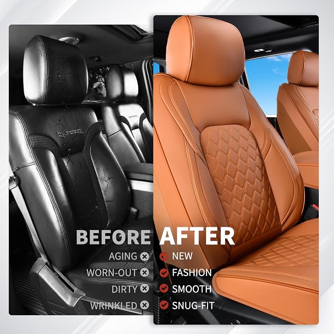Huidasource Front Truck Seat Covers Fit for Ford F150 2015-2026&F250 F350 F450 2017-2026 All Cab XL XLT Lariat King Ranch Platinum, Waterproof Leather Automotive Car Seat Cover(Front Pair/Brown)