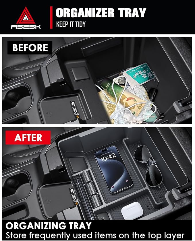 For 2022-2026 Chevy Silverado/GMC Sierra 1500&2024-2026 Silverado/Sierra 2500HD 3500HD - (Full Console w/Bucket Seats ONLY) Center Console Armrest Organizer ABS Materials