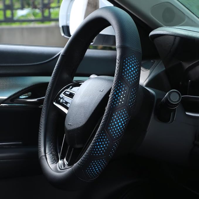 Yangday Leather Steering Wheel Cover for Toyota RAV4 Corolla Camry Highlander, 14.5-15 inches Car Steering Wheel Cover with Non-Slip Breathable (Blue)