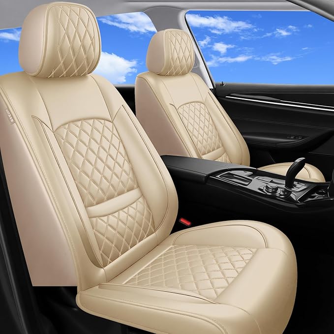 Fit Ranger Car Seat Covers for Ford Ranger 2007-2025 2026 - Luxury Leather, Anti-Slip, All-Weather, Waterproof & Breathable, Airbag Compatible, 2 Front Seats Only (Beige)