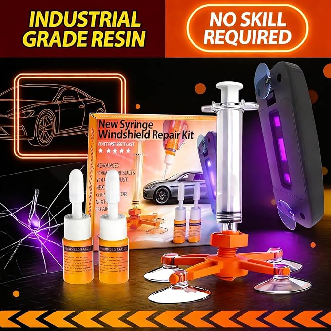 Windshield Chip Repair Kit, 2 PCS Windshield Crack Repair Kit with Suction Cup Curing Light, Car Automotive Nano Fluid Vehicle Windscreen Tool, Glass Repair Kit for Chips and Cracks, Bulls-Eye（Sunset）