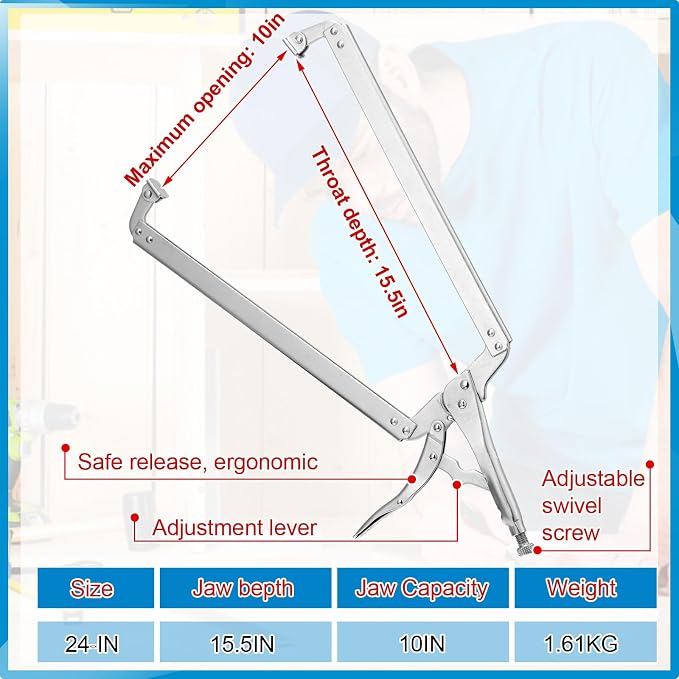 Yexiya 24 Inch C Clamps Locking Pliers Welding Table Clamps Heavy Duty Locking Pliers Large Opening Adjustable with Grip Swivel Pads Alloy Steel for Woodworking Repair Home Auto Workshop