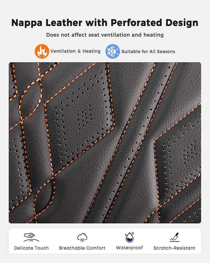 Huidasource Rear Seat Covers, Waterproof Faux Leather Rear Split Bench Car Seat Covers, Universal Fit for Most Cars Sedans SUVs Pickups Trucks, Cup Holder Compatible, Black&Orange