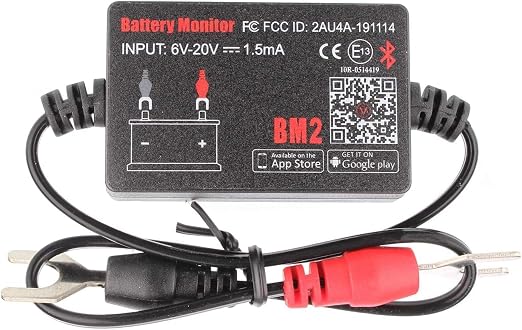 BM2 Bluetooth Battery Monitor 12V Car Battery Tester for Lead Acid Battery, LowVolt Alarm for All 12 Volts Solar Power Systems/RVs/Motorcycles/Boats/Cars Compatible with iPhone and Android