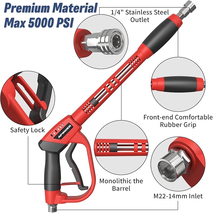 Pressure Washer Gun, with Replacement Wand Extension, 40 Inch Power Washer Long Gun with 5 Nozzle Tips and M22 fittings, Max 5000 PSI