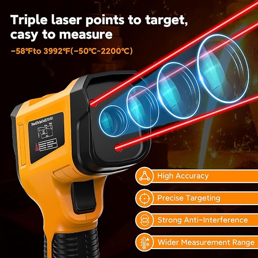 -58°F to 3992°F Infrared Thermometer Gun，Triple Laser Targeting | 50:1 High-Temperature Range, For Kilns & Furnaces Foundry Temperature Measurement Industrial-Grade Accuracy