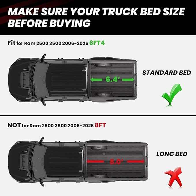 LASFIT 6.4FT Truck Bed Mat for Ram 1500 2006-2018 & Ram 2500/3500 2006-2026 & 1500 Classic 2019-2024 (6FT4/76.8 inches), NOT for Optional Rambox, All Weather Custom Fit TPE Truck Bed Liner