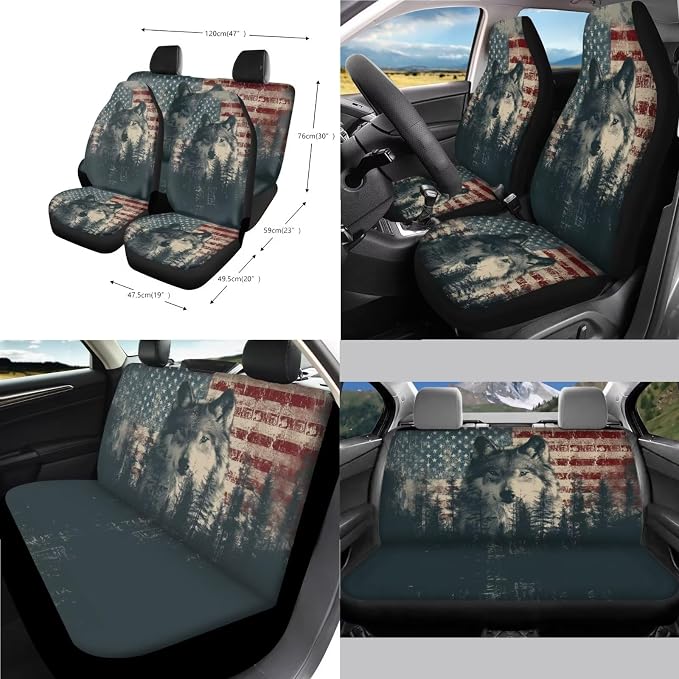 Wolf Forest Print Car Seat Covers Full Set American Flag Print Front and Rear Car Seat Covers with Steering Wheel Cover Center Console Pad Safety Belt Pads Rearview Mirror Cover