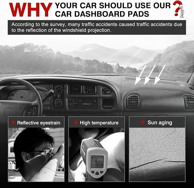 Autorder Gray Dashboard Cover Mat for Dodge Ram 1500 2500 3500 1998-2001 Accessories Dash Cover Upgrade Polyester Dash Mat Sunshade Glare UV Rays Protector