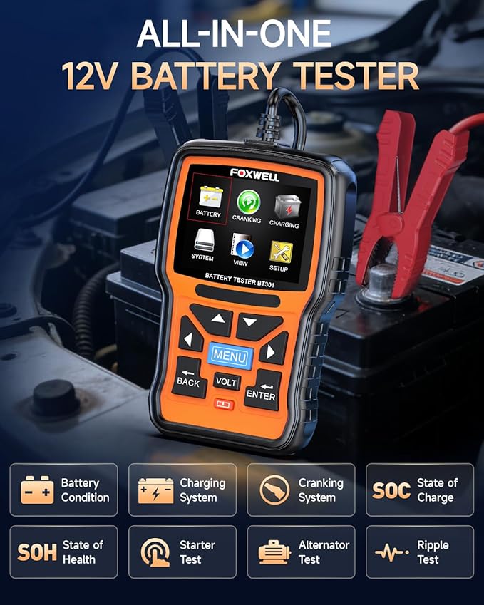 FOXWELL BT301 12V Car Battery Tester, Battery Load Tester 100-2000CCA Automotive Battery Tester Digital Alternator Starter Tester Cranking Charging Tester for Car Marine Truck SUV ATV (Upgraded BT100)